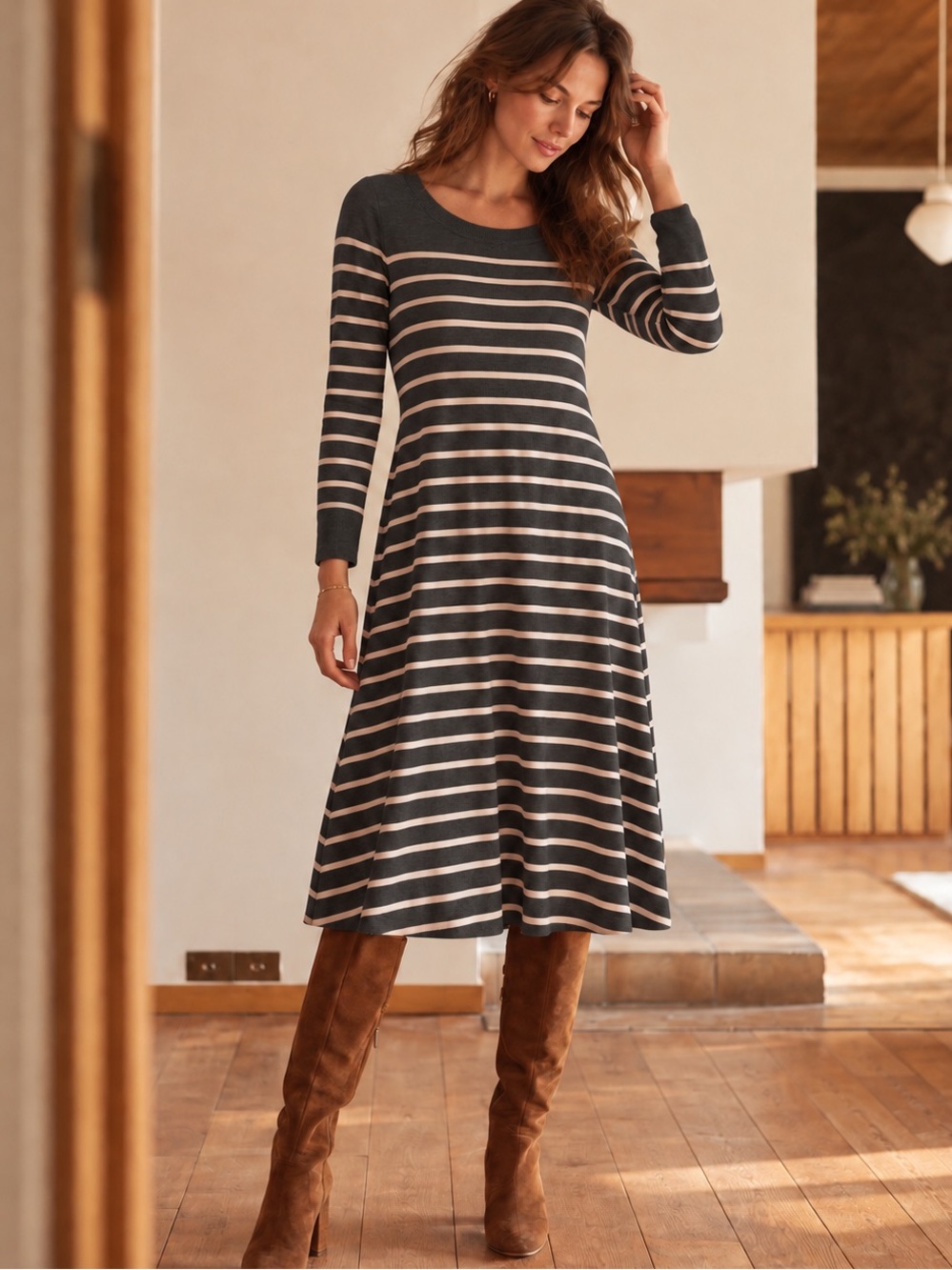 LOFT Wool Blend Striped Long A-Line Midi Dress